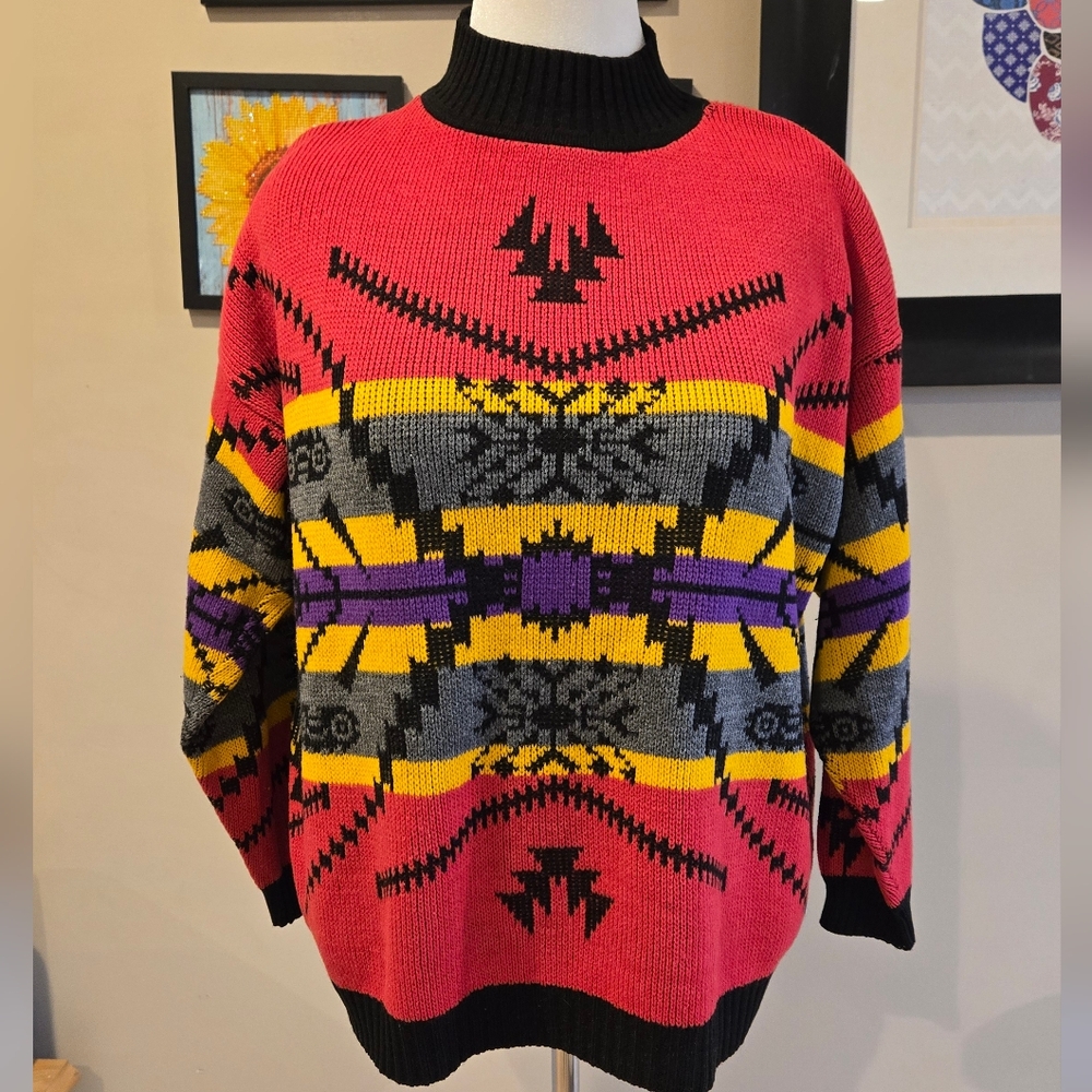 Geometric Turtleneck Sweater in Red and Yellow
